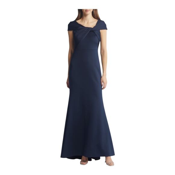 Eliza J Wrap Neckline Scuba Crepe Gown dress blue size 14 - Picture 1 of 6